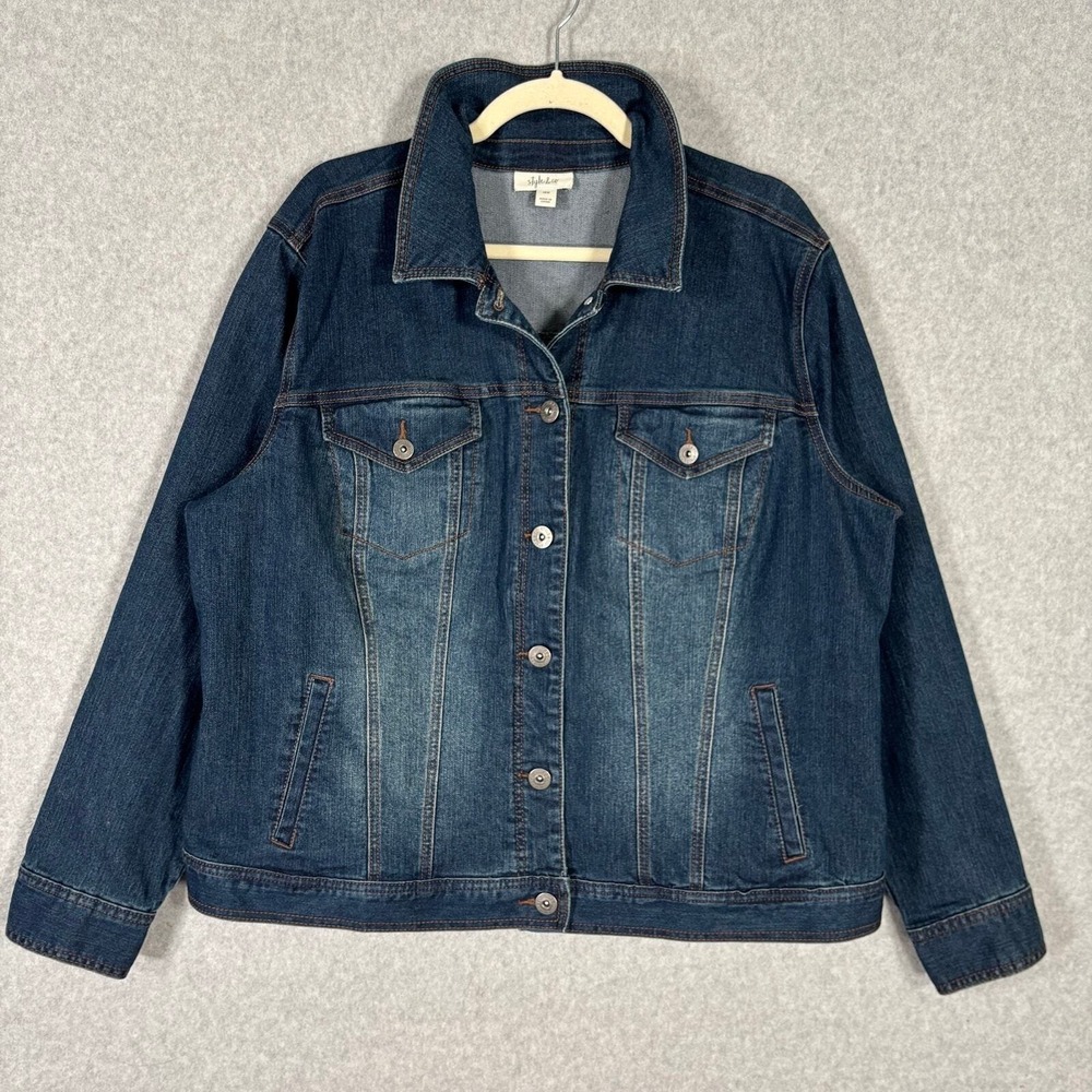 Style Co Jean Jacket‎ Size 18 Faded Stretch Rodeo Trucker 90s Dark Wash Retro
